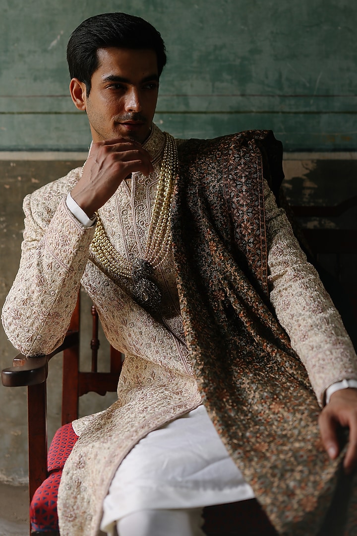 Brown Georgette Hand Embroidered Stole by Amit Behki at Pernia's Pop Up Shop