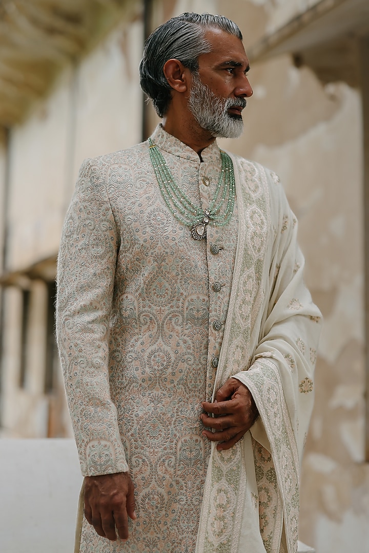 Sage Green Pashmina Hand Embroidered Groom Sherwani Set by Amit Behki at Pernia's Pop Up Shop