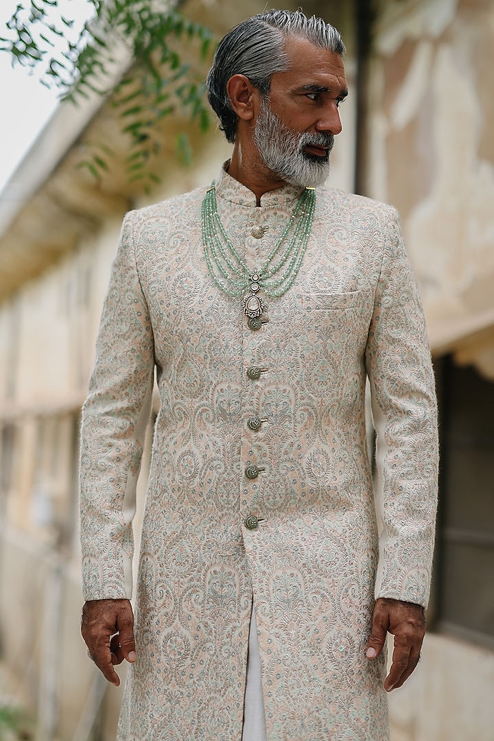 Sage Green Pashmina Hand Embroidered Groom Sherwani Set by Amit Behki at Pernia's Pop Up Shop