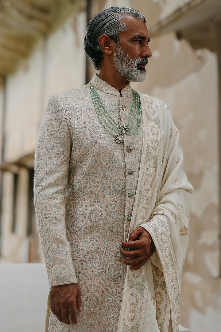 Ivory Pashmina Hand Embroidered Stole by Amit Behki at Pernia's Pop Up Shop