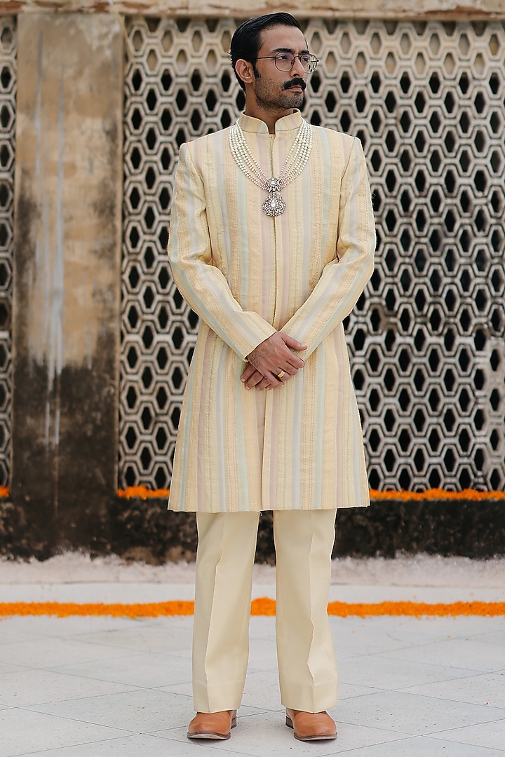 Lemon-Colored Silk Hand Groom Indowestern Set by Amit Behki at Pernia's Pop Up Shop