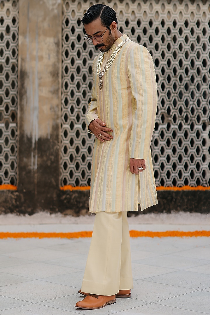 Lemon-Colored Silk Hand Groom Indowestern Set by Amit Behki at Pernia's Pop Up Shop