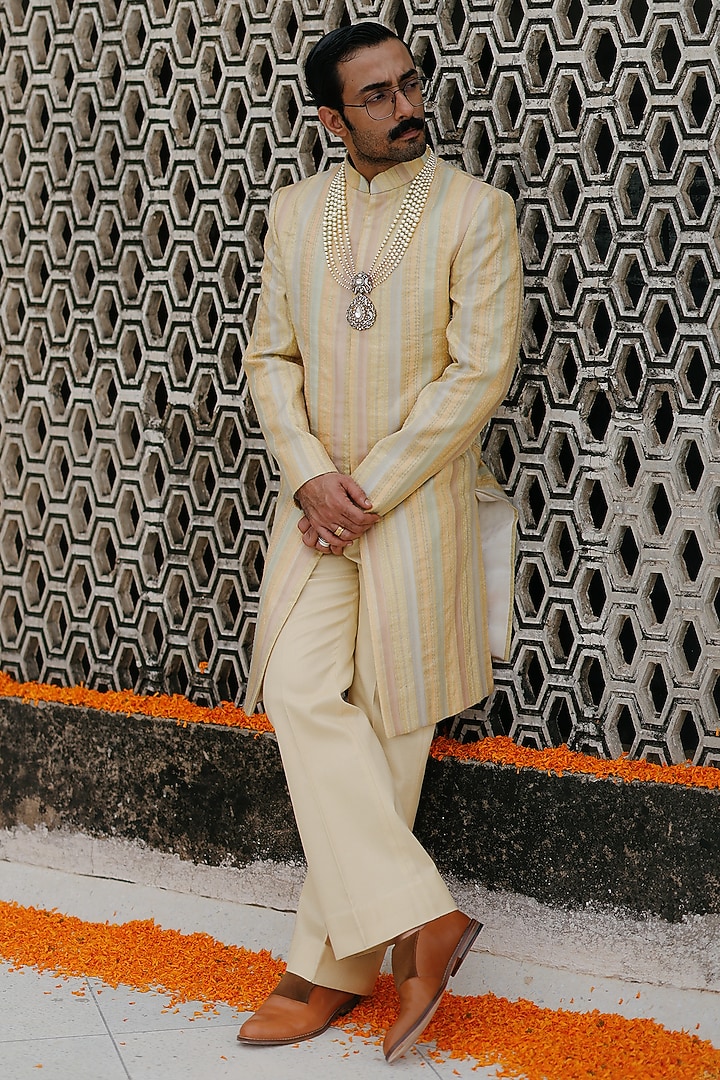 Lemon-Colored Silk Hand Groom Indowestern Set by Amit Behki at Pernia's Pop Up Shop