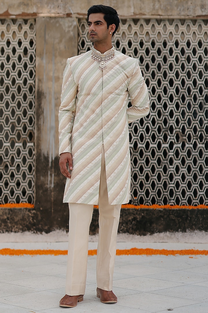 Ivory Silk Hand Embroidered Groom Indowestern Set by Amit Behki at Pernia's Pop Up Shop