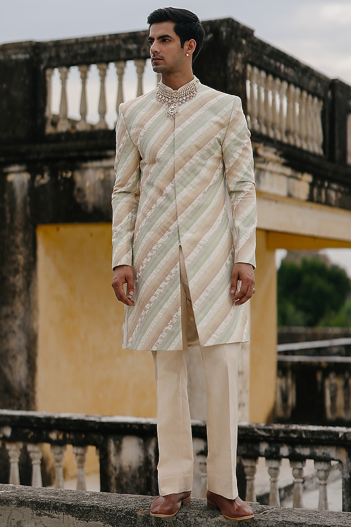 Ivory Silk Hand Embroidered Groom Indowestern Set by Amit Behki at Pernia's Pop Up Shop
