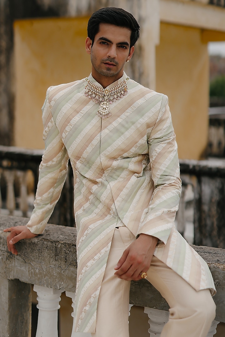 Ivory Silk Hand Embroidered Groom Indowestern Set by Amit Behki at Pernia's Pop Up Shop