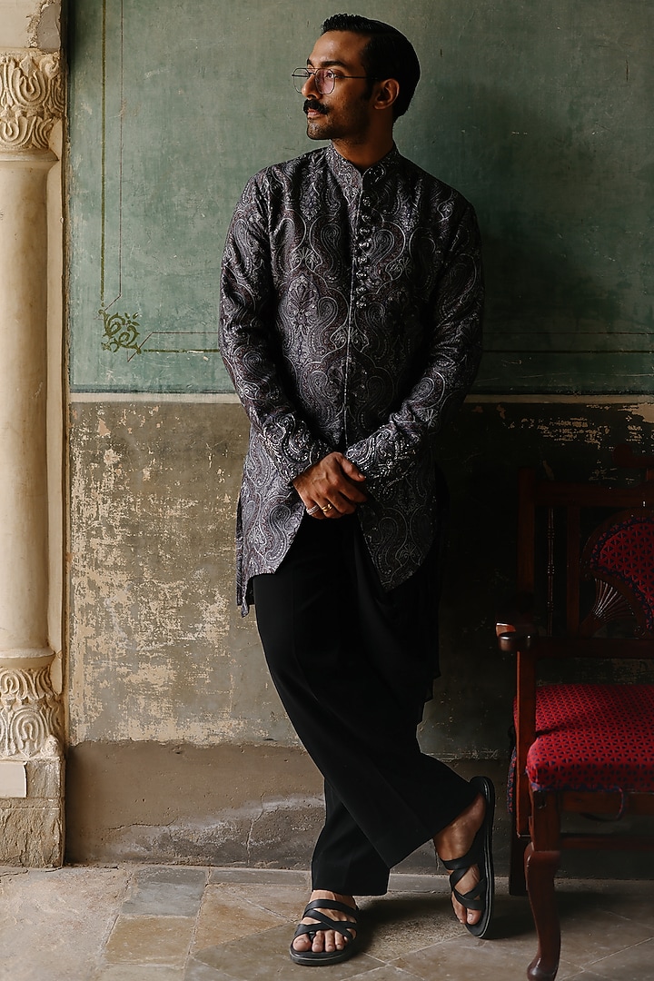 Charcoal Silk Handpainted & Hand Embroidered Kurta Set by Amit Behki at Pernia's Pop Up Shop