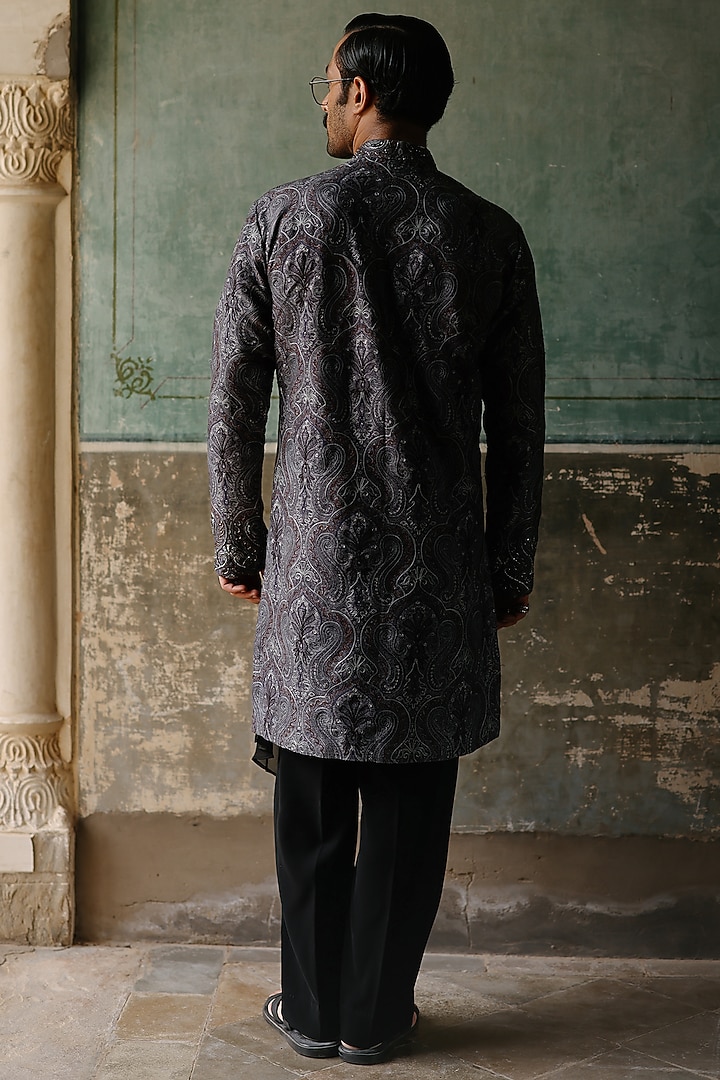 Charcoal Silk Handpainted & Hand Embroidered Kurta Set by Amit Behki at Pernia's Pop Up Shop