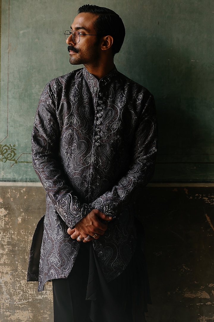 Charcoal Silk Handpainted & Hand Embroidered Kurta Set by Amit Behki at Pernia's Pop Up Shop