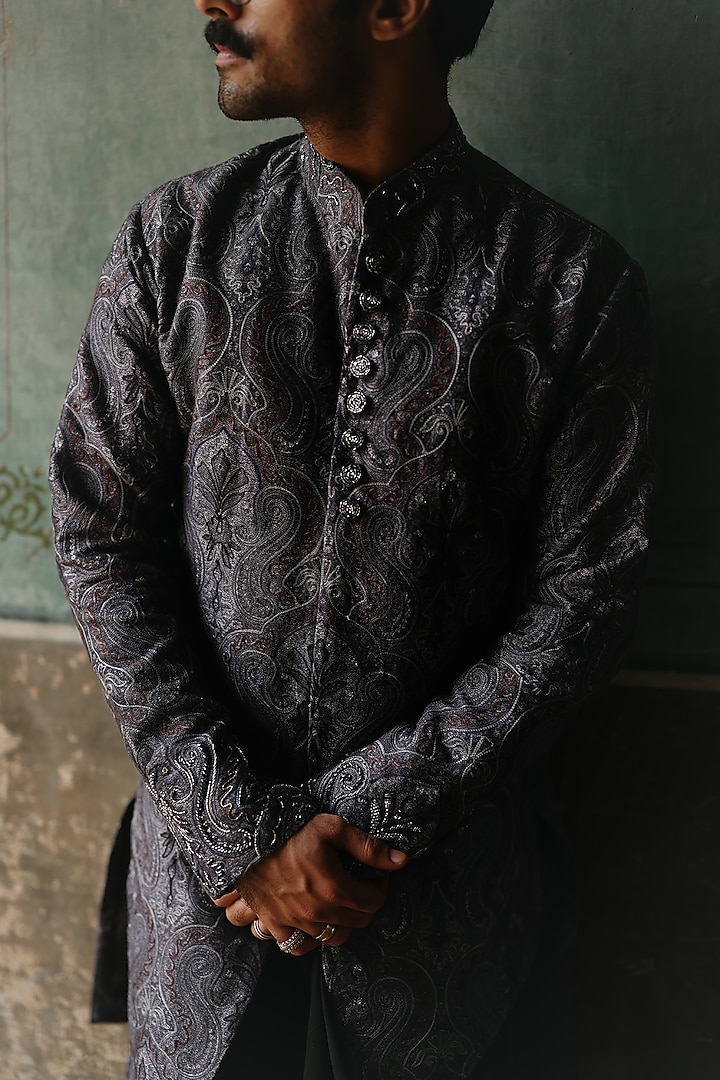 Charcoal Silk Handpainted & Hand Embroidered Kurta Set by Amit Behki at Pernia's Pop Up Shop