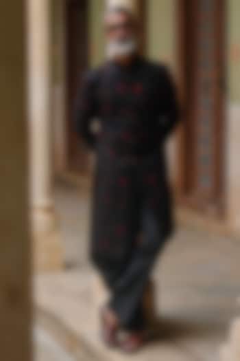 Black Silk Hand Embroidered Draped Kurta Set by Amit Behki at Pernia's Pop Up Shop