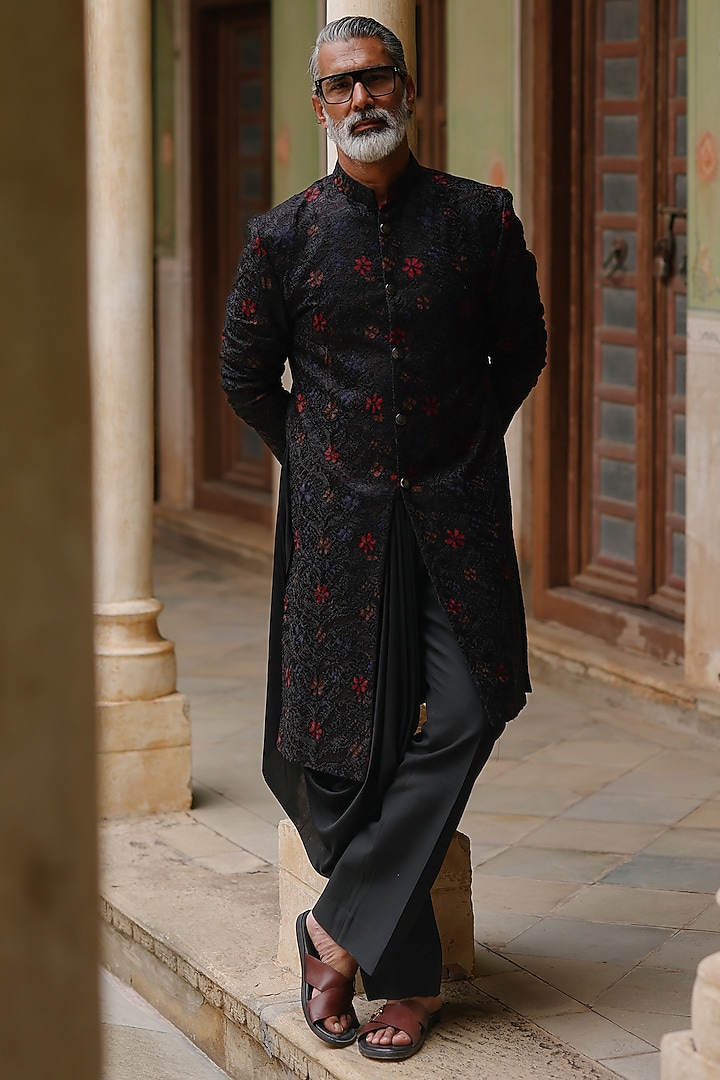 Black Silk Hand Embroidered Draped Kurta Set by Amit Behki at Pernia's Pop Up Shop