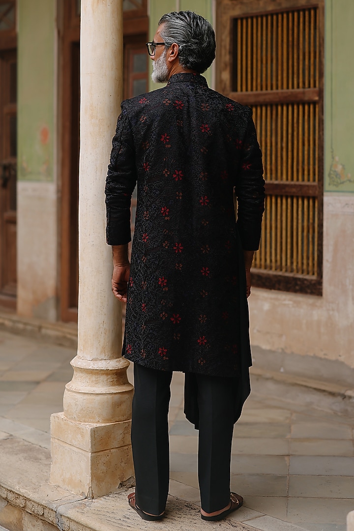 Black Silk Hand Embroidered Draped Kurta Set by Amit Behki at Pernia's Pop Up Shop