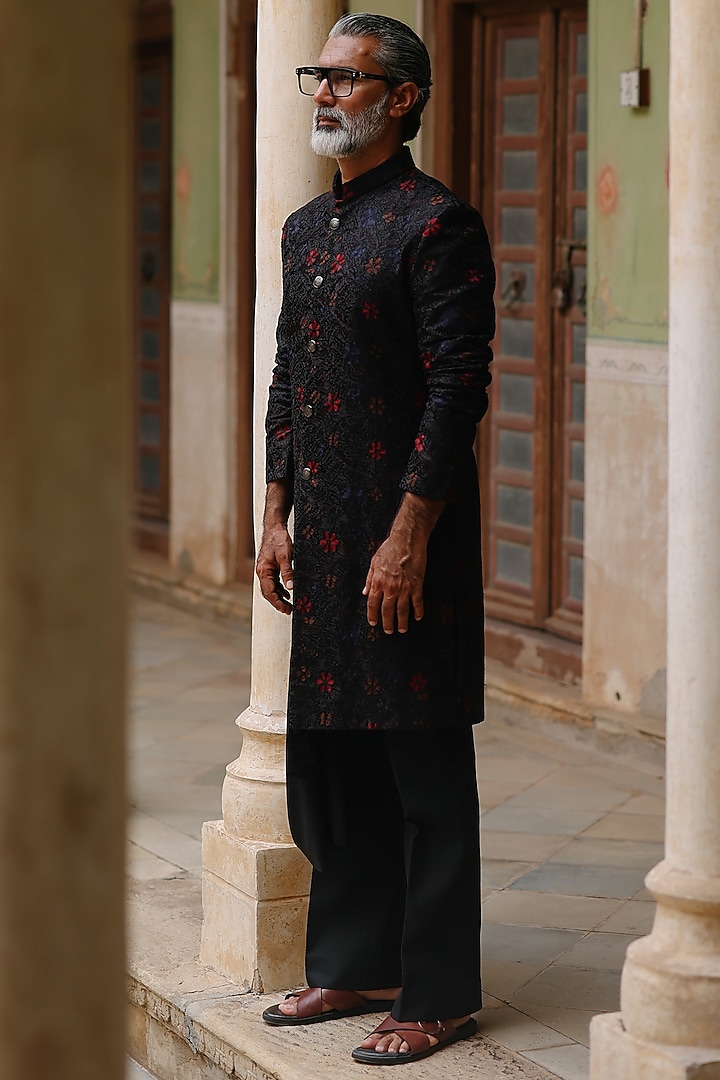 Black Silk Hand Embroidered Draped Kurta Set by Amit Behki at Pernia's Pop Up Shop