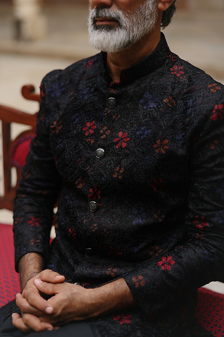 Black Silk Hand Embroidered Draped Kurta Set by Amit Behki at Pernia's Pop Up Shop