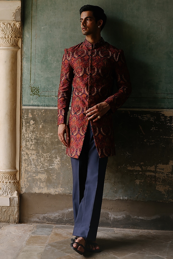 Maroon Silk Hand Embroidered Groom Indowestern Set by Amit Behki at Pernia's Pop Up Shop