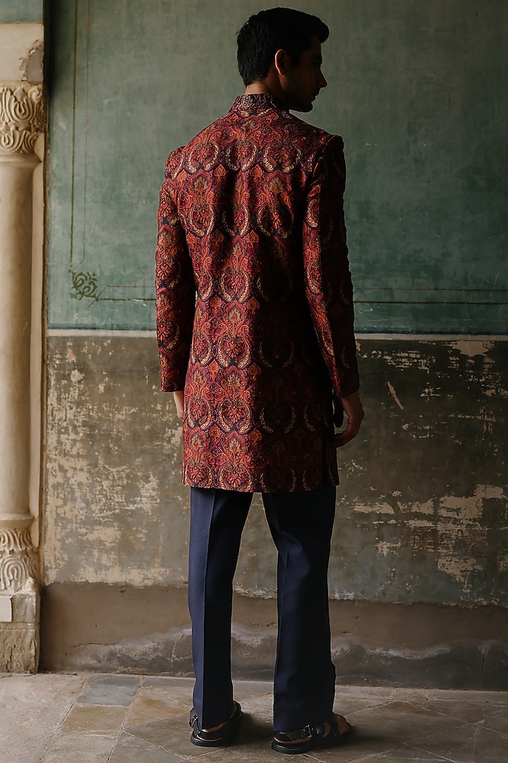 Maroon Silk Hand Embroidered Groom Indowestern Set by Amit Behki at Pernia's Pop Up Shop