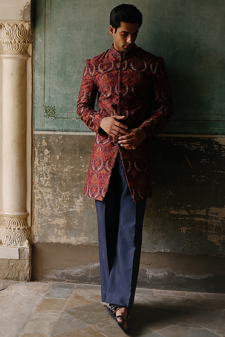 Maroon Silk Hand Embroidered Groom Indowestern Set by Amit Behki at Pernia's Pop Up Shop