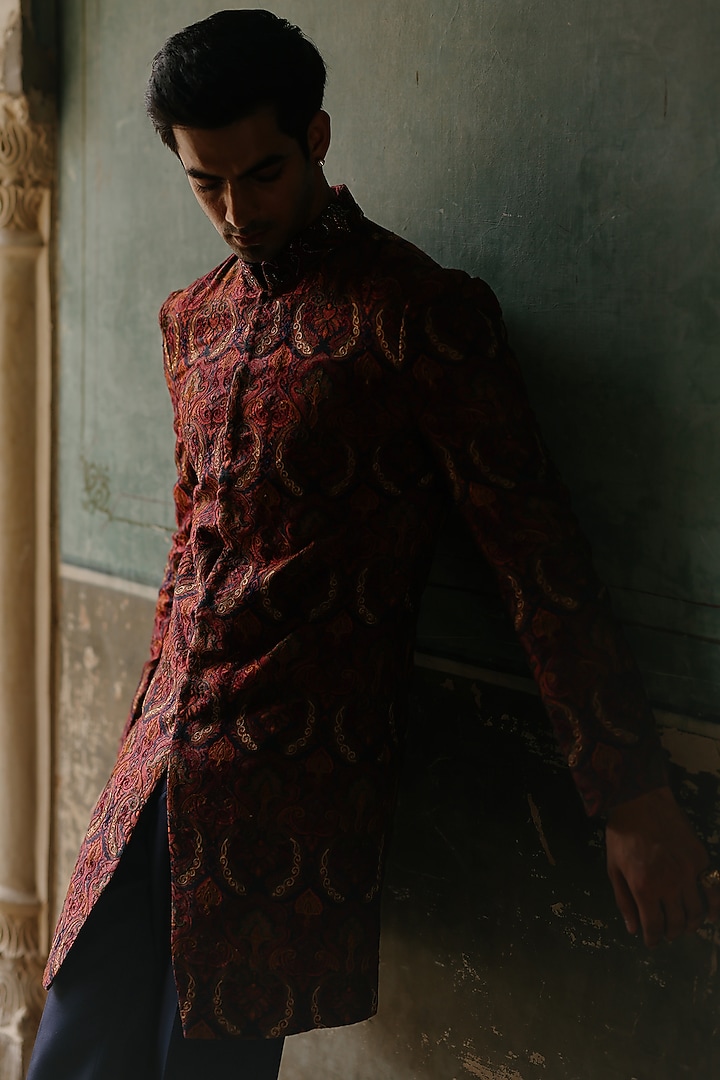 Maroon Silk Hand Embroidered Groom Indowestern Set by Amit Behki at Pernia's Pop Up Shop