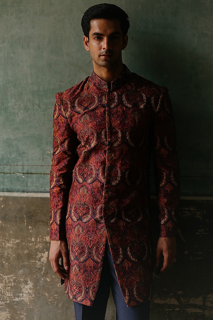 Maroon Silk Hand Embroidered Groom Indowestern Set by Amit Behki at Pernia's Pop Up Shop