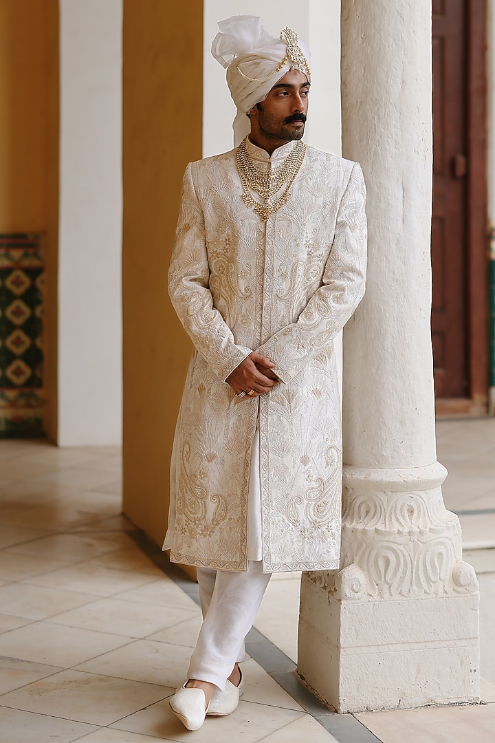 Ivory Silk Hand Embroidered Groom Sherwani Set by Amit Behki at Pernia's Pop Up Shop