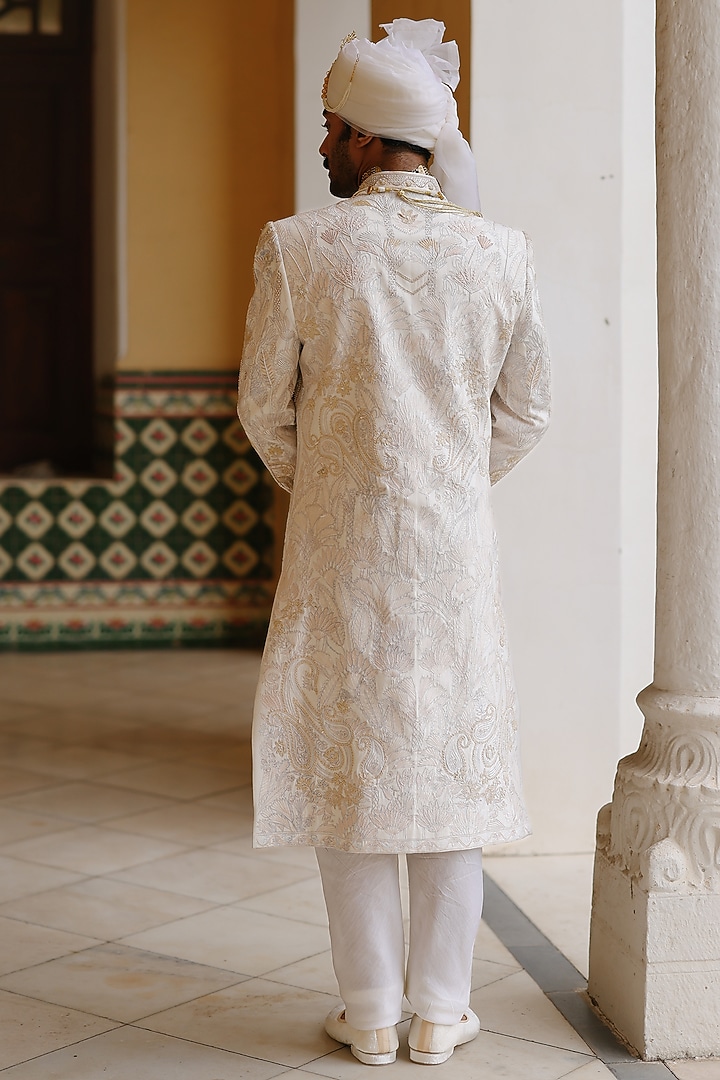 Ivory Silk Hand Embroidered Groom Sherwani Set by Amit Behki at Pernia's Pop Up Shop