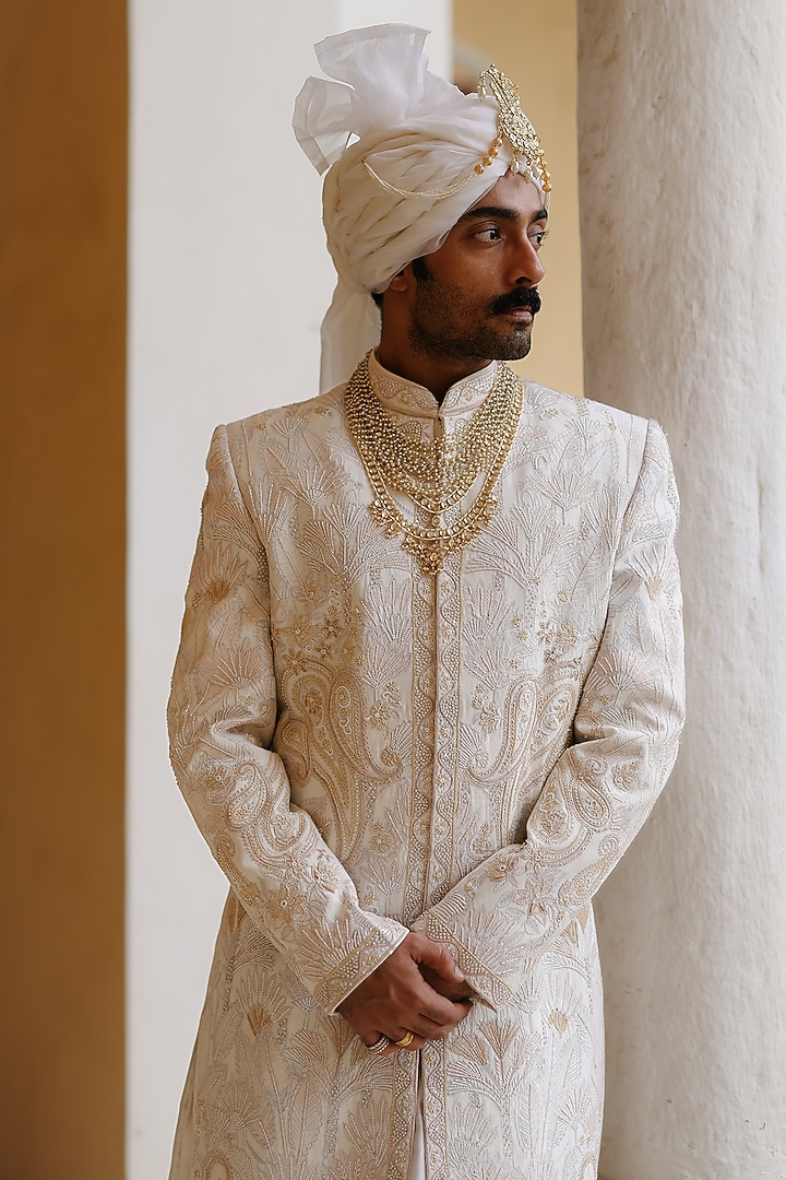 Ivory Silk Hand Embroidered Groom Sherwani Set by Amit Behki at Pernia's Pop Up Shop