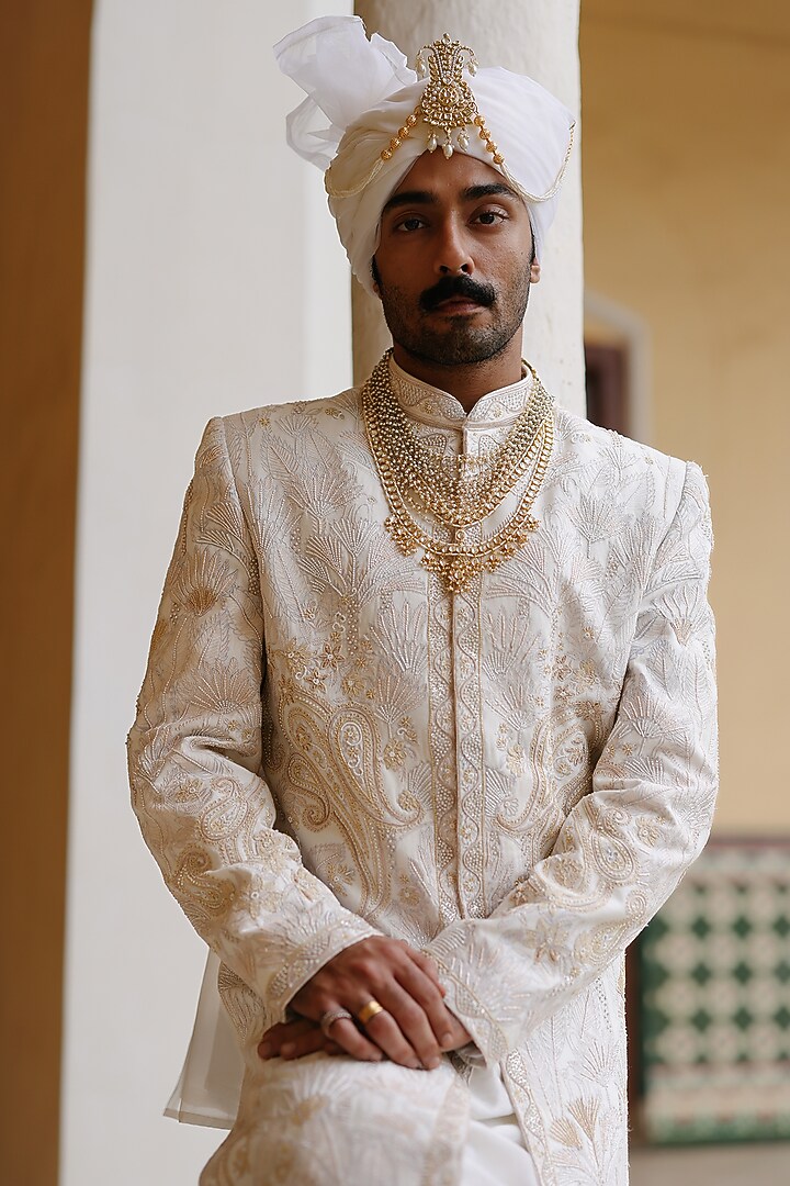 Ivory Silk Hand Embroidered Groom Sherwani Set by Amit Behki at Pernia's Pop Up Shop