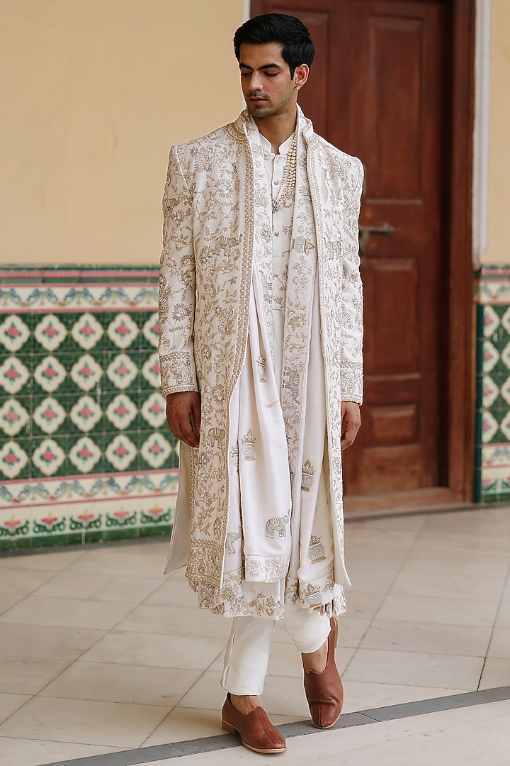 Ivory Silk Hand Embroidered Groom Sherwani Set by Amit Behki at Pernia's Pop Up Shop