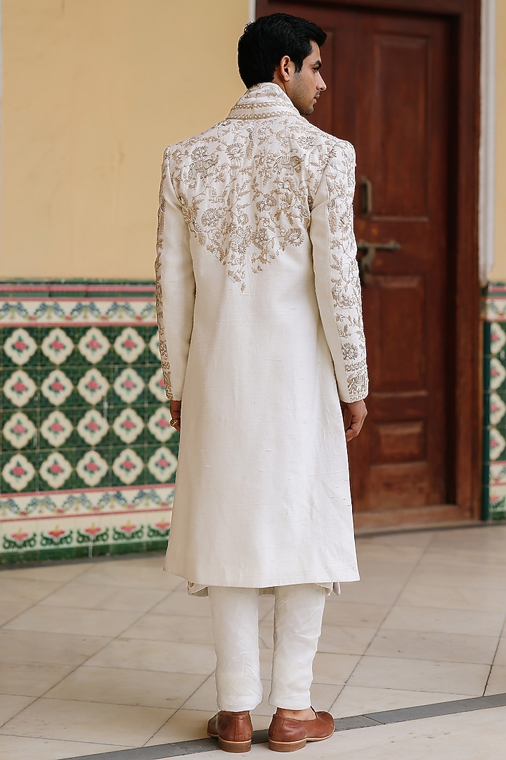Ivory Silk Hand Embroidered Groom Sherwani Set by Amit Behki at Pernia's Pop Up Shop