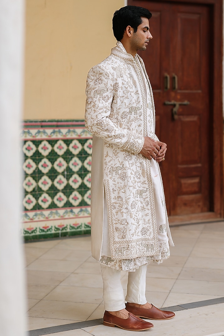 Ivory Silk Hand Embroidered Groom Sherwani Set by Amit Behki at Pernia's Pop Up Shop