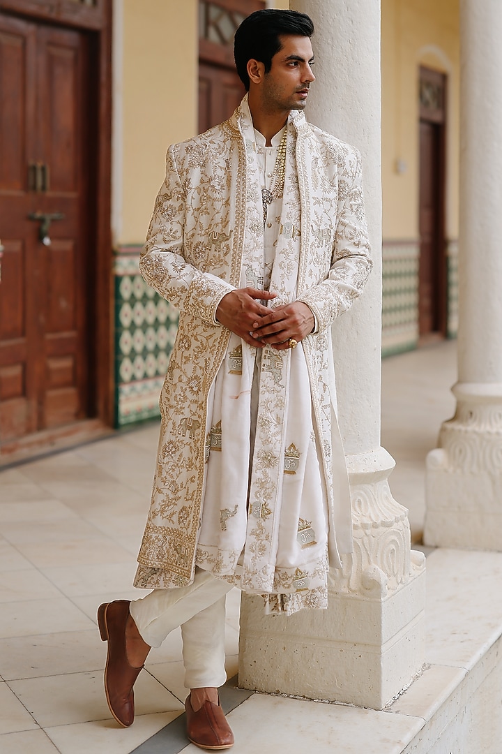 Ivory Silk Hand Embroidered Groom Sherwani Set by Amit Behki at Pernia's Pop Up Shop