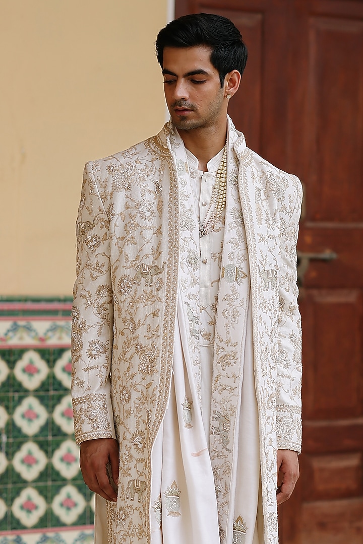 Ivory Silk Hand Embroidered Groom Sherwani Set by Amit Behki at Pernia's Pop Up Shop