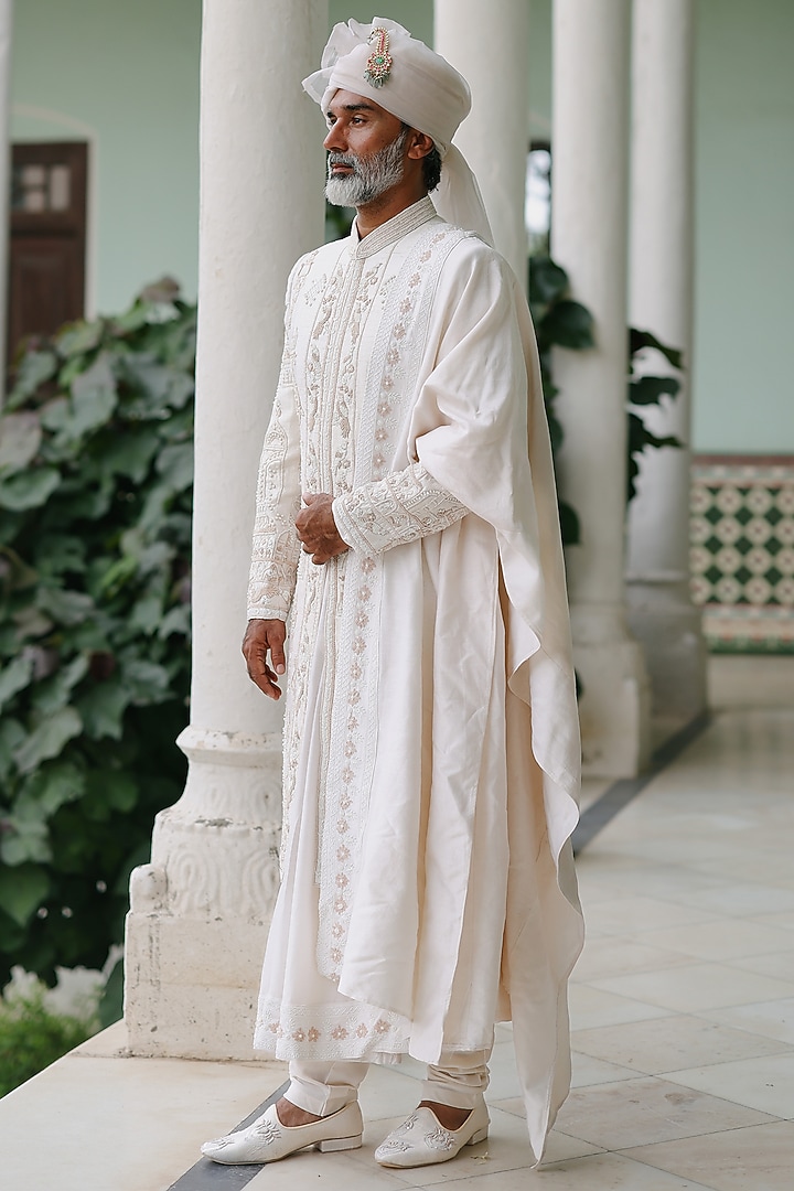 Rose Gold Silk Hand Embroidered Groom Sherwani Set by Amit Behki at Pernia's Pop Up Shop