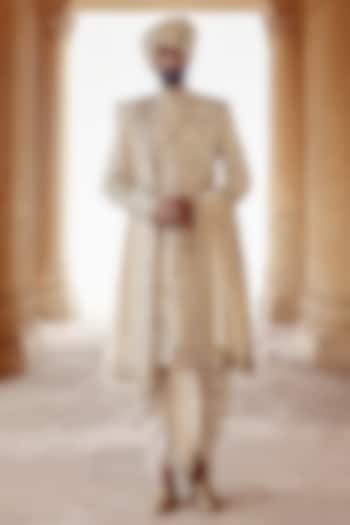 Ivory Pure Silk Brocade Hand Embroidered Groom Sherwani Set by Amit Behki at Pernia's Pop Up Shop