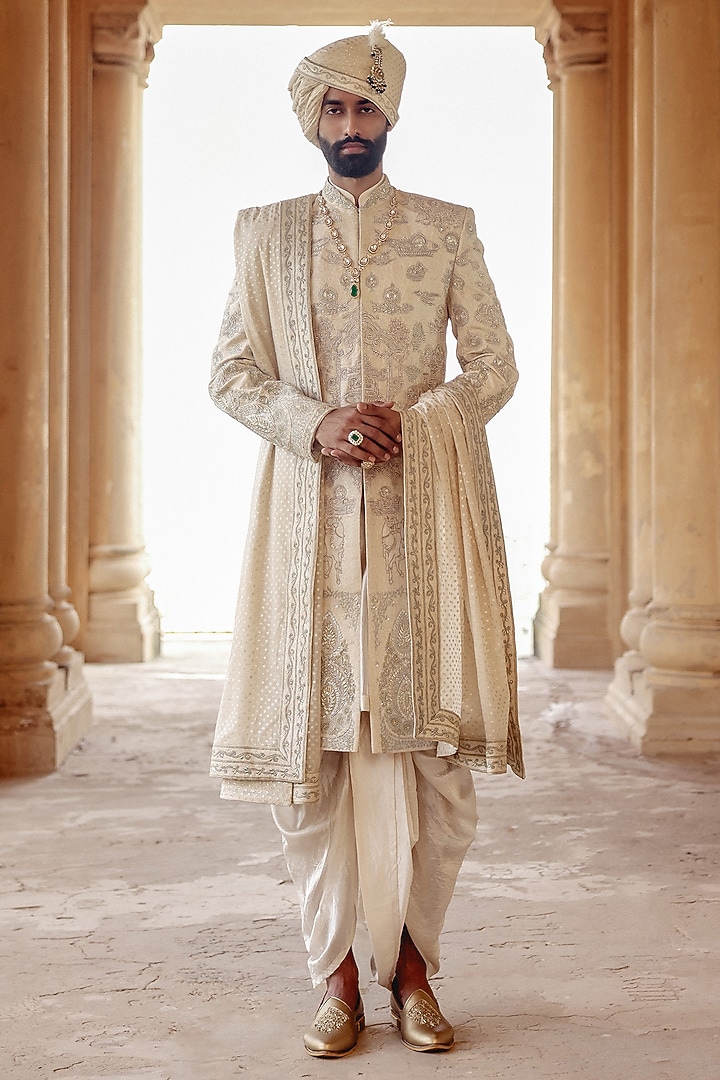 Ivory Pure Silk Brocade Hand Embroidered Groom Sherwani Set by Amit Behki at Pernia's Pop Up Shop