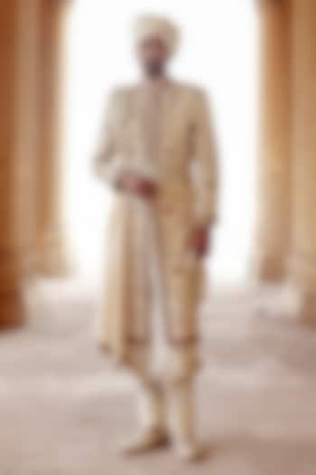 Ivory-Gold Raw Silk Hand Embroidered Groom Sherwani Set by Amit Behki at Pernia's Pop Up Shop