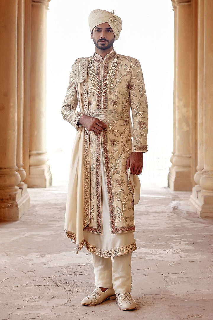Ivory-Gold Raw Silk Hand Embroidered Groom Sherwani Set by Amit Behki at Pernia's Pop Up Shop