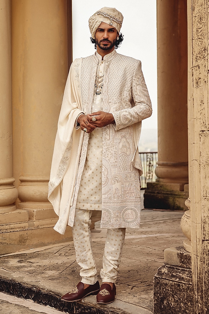 Ivory Raw Silk Hand Embroidered Groom Indowestern Set by Amit Behki at Pernia's Pop Up Shop