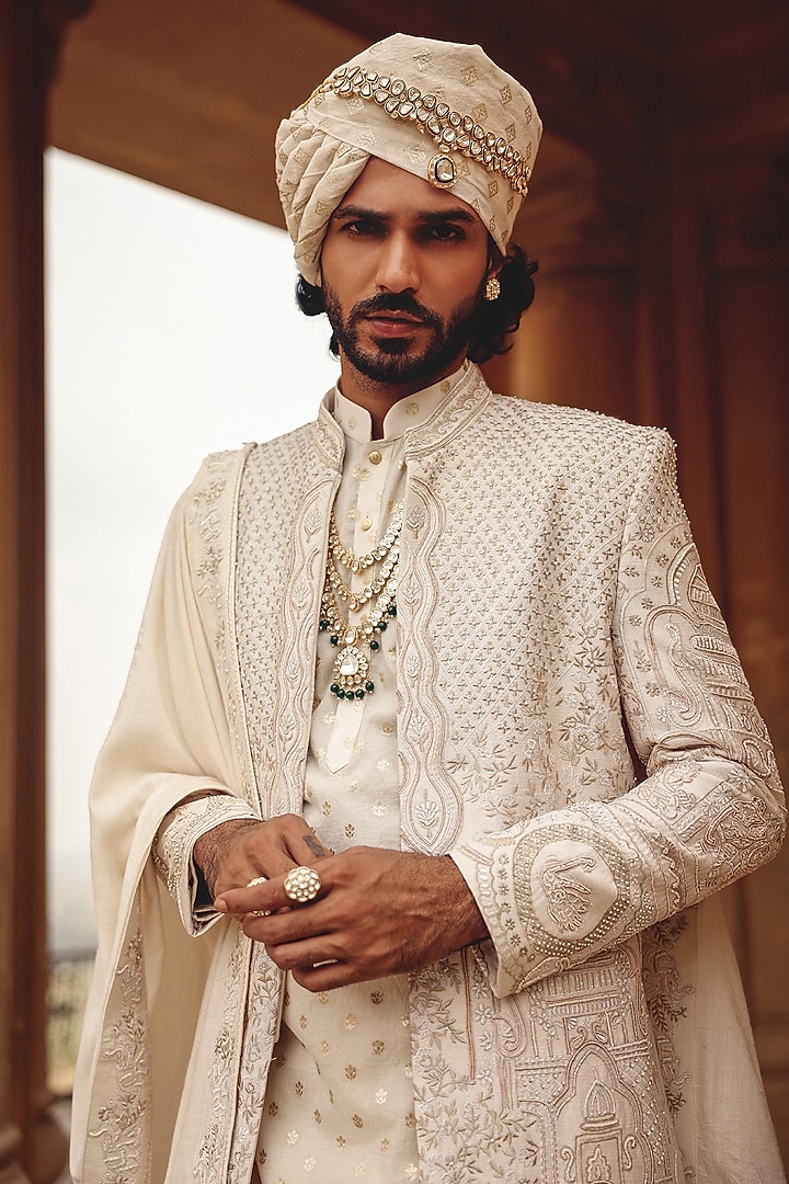 Ivory Raw Silk Hand Embroidered Groom Indowestern Set by Amit Behki at Pernia's Pop Up Shop