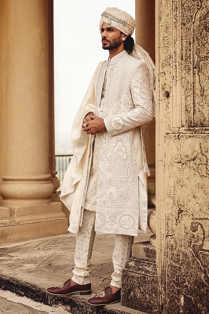 Ivory Raw Silk Hand Embroidered Groom Indowestern Set by Amit Behki at Pernia's Pop Up Shop