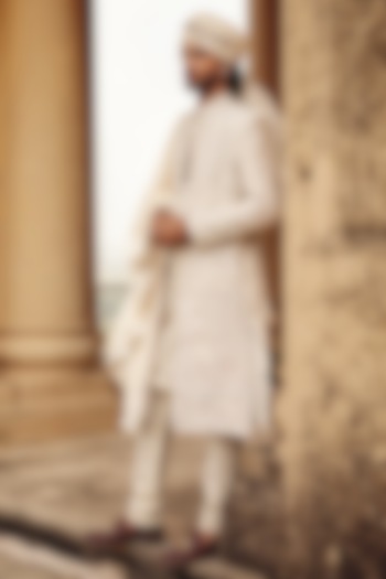 Ivory Raw Silk Hand Embroidered Stole by Amit Behki at Pernia's Pop Up Shop