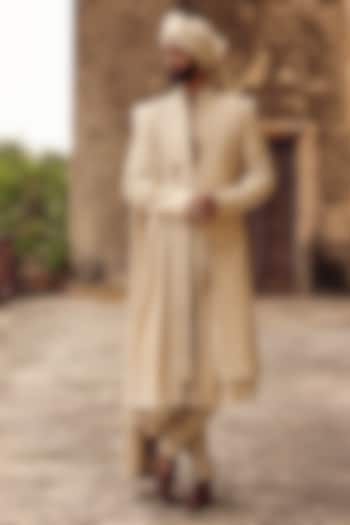 Beige Raw Silk Hand Embroidered Groom Sherwani Set by Amit Behki at Pernia's Pop Up Shop