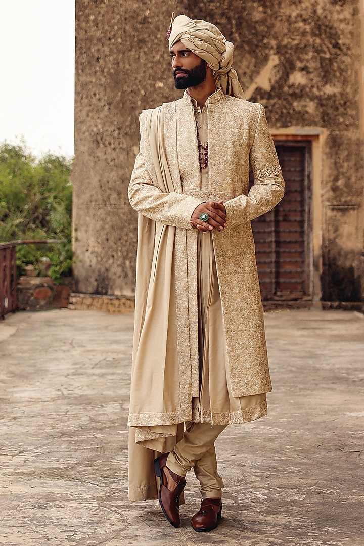 Beige Raw Silk Hand Embroidered Groom Sherwani Set by Amit Behki at Pernia's Pop Up Shop