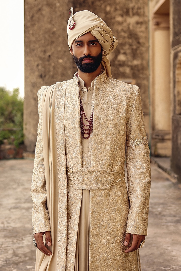 Beige Silk Hand Embroidered Stole by Amit Behki at Pernia's Pop Up Shop