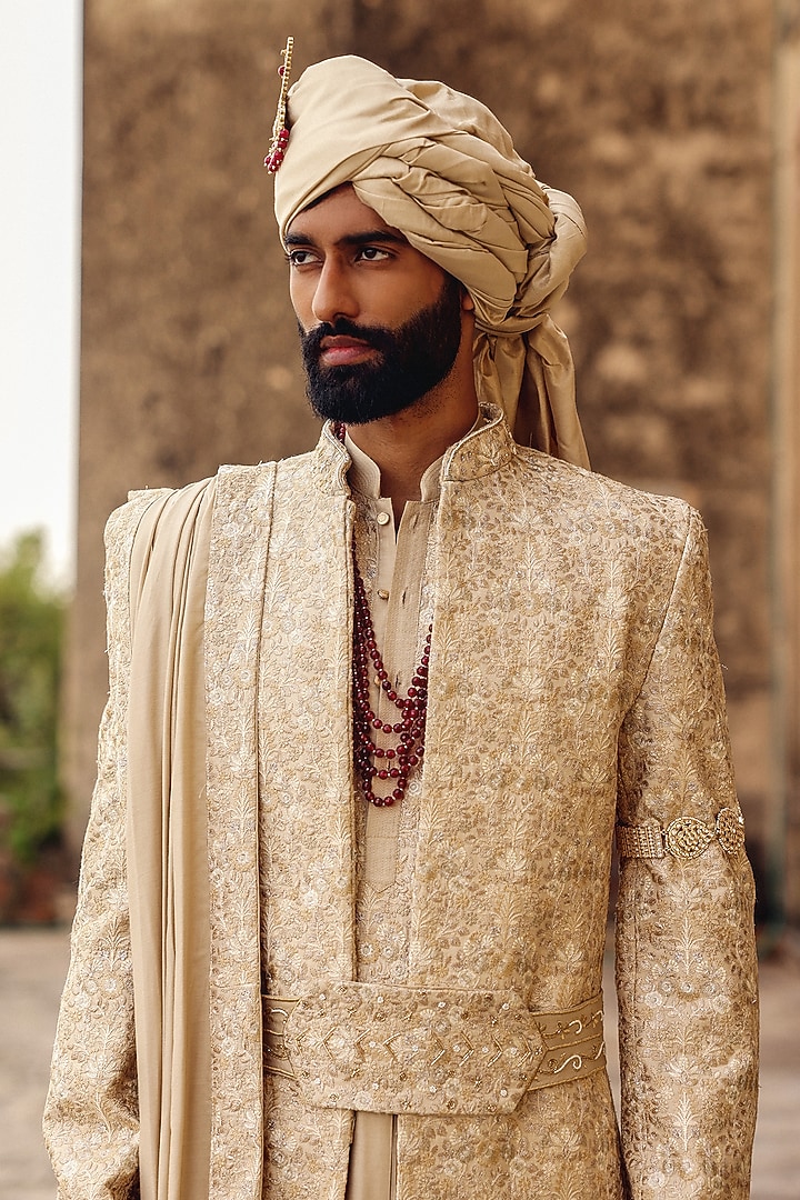 Beige Silk Hand Embroidered Stole by Amit Behki at Pernia's Pop Up Shop