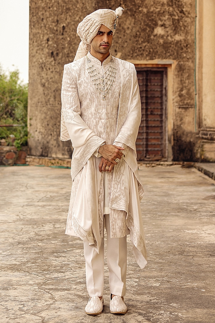 Ivory Raw Silk Hand Embroidered Groom Sherwani Set by Amit Behki at Pernia's Pop Up Shop
