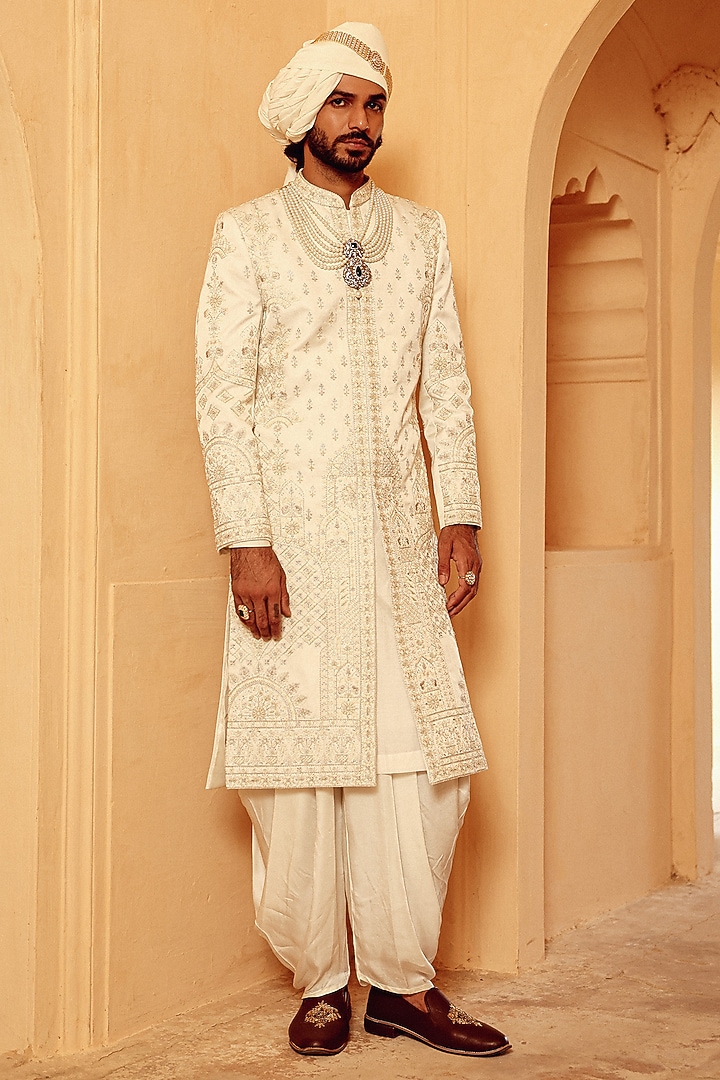 Ivory Raw Silk Hand Embroidered Groom Sherwani Set by Amit Behki at Pernia's Pop Up Shop