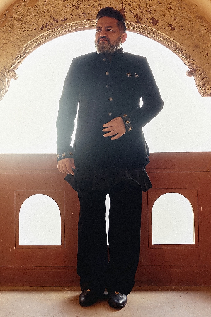 Black Raw Silk Hand Embroidered Groom Bandhgala Set by Amit Behki at Pernia's Pop Up Shop