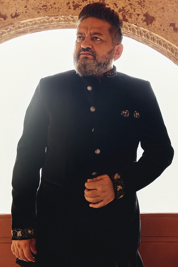 Black Raw Silk Hand Embroidered Groom Bandhgala Set by Amit Behki at Pernia's Pop Up Shop